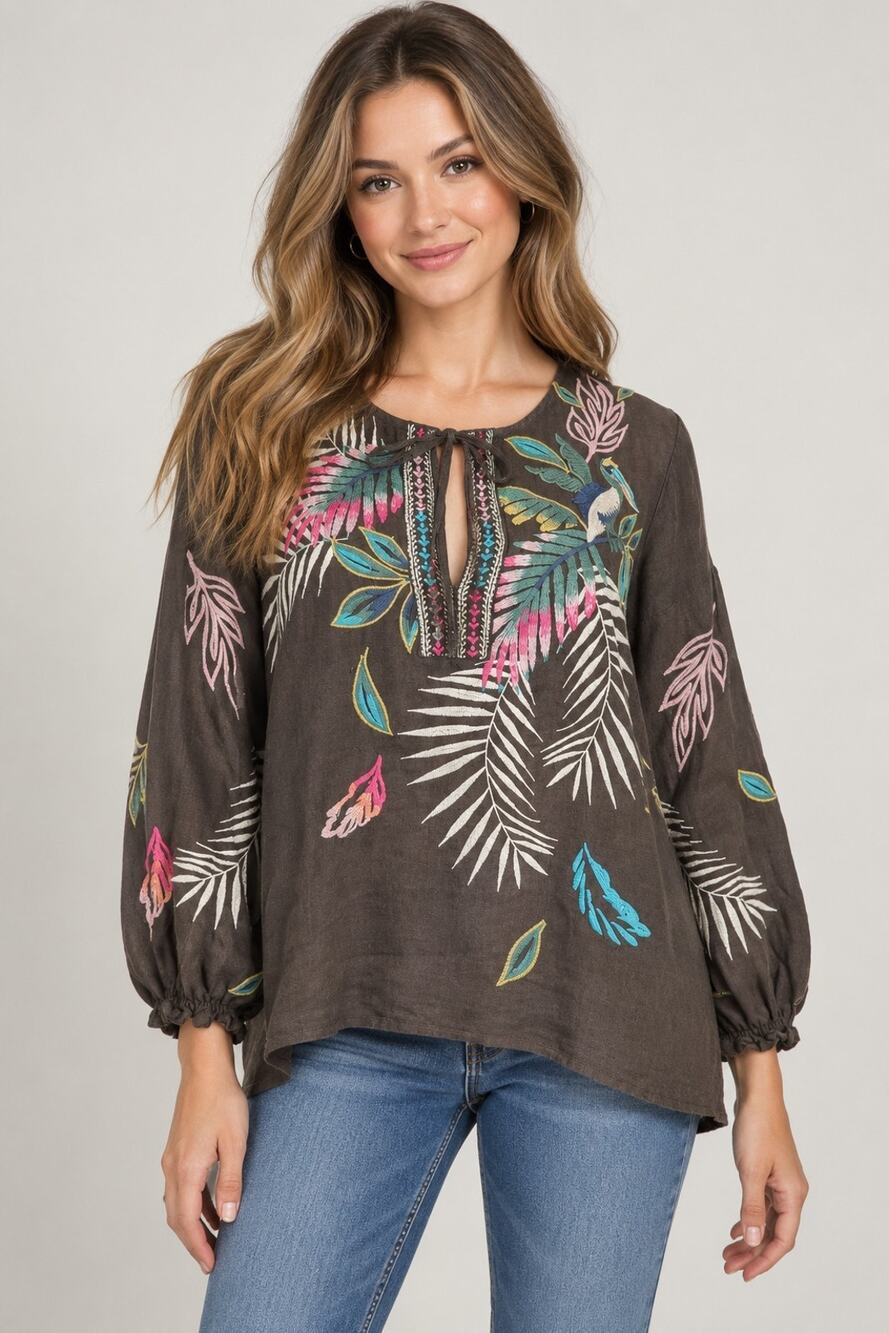 Johnny Was Brown Tropical Bird Embroidered Linen Top XS